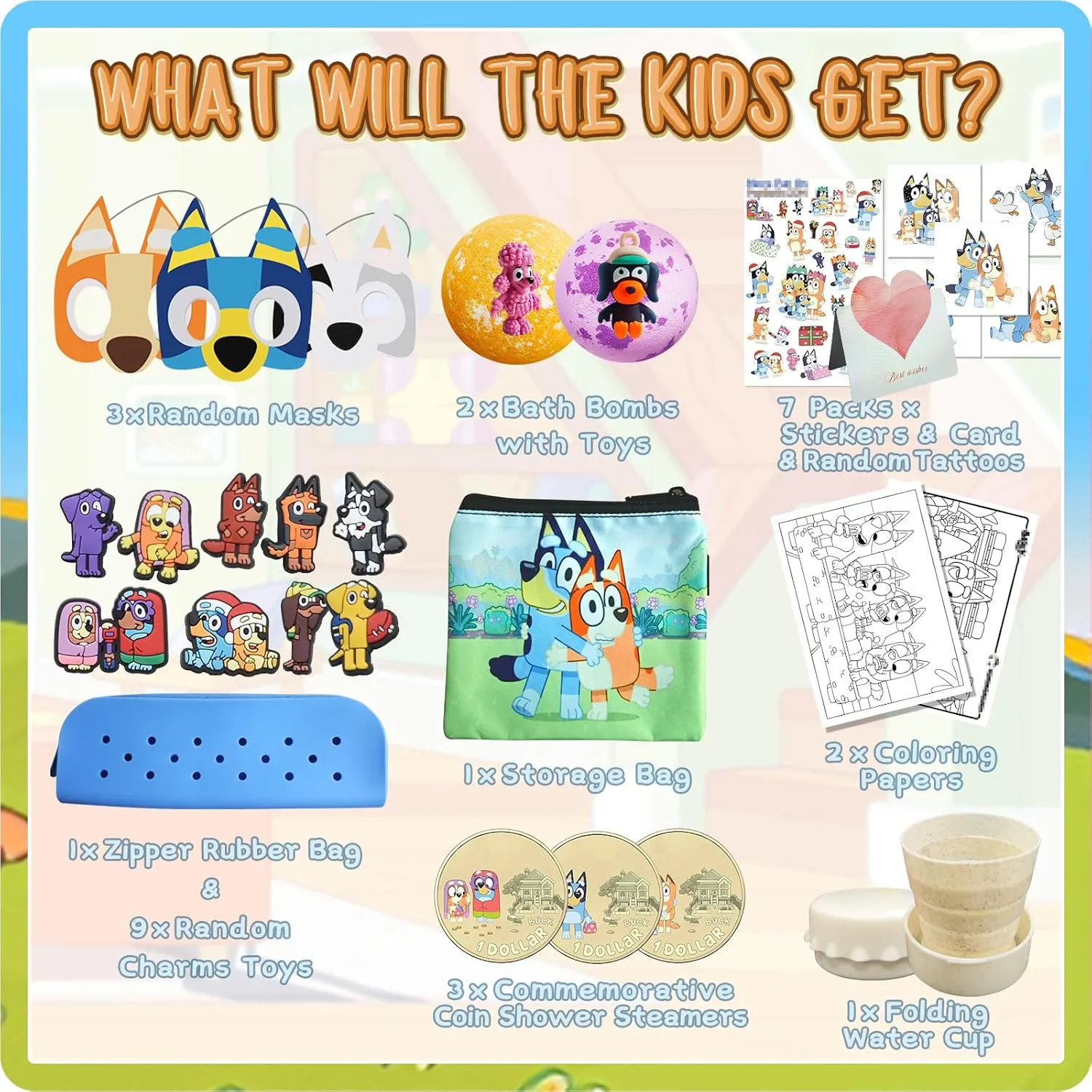 The Blue Heelers Gifts Set: Bath Bombs with Toys Inside, Shower Steamers, Felt Masks, Tattoos, Rubber Bag, Shoe Charms, Collapsible Cup, Storage Bag, Coloring, Gift Card&Sticker, Kids Best Gifts
