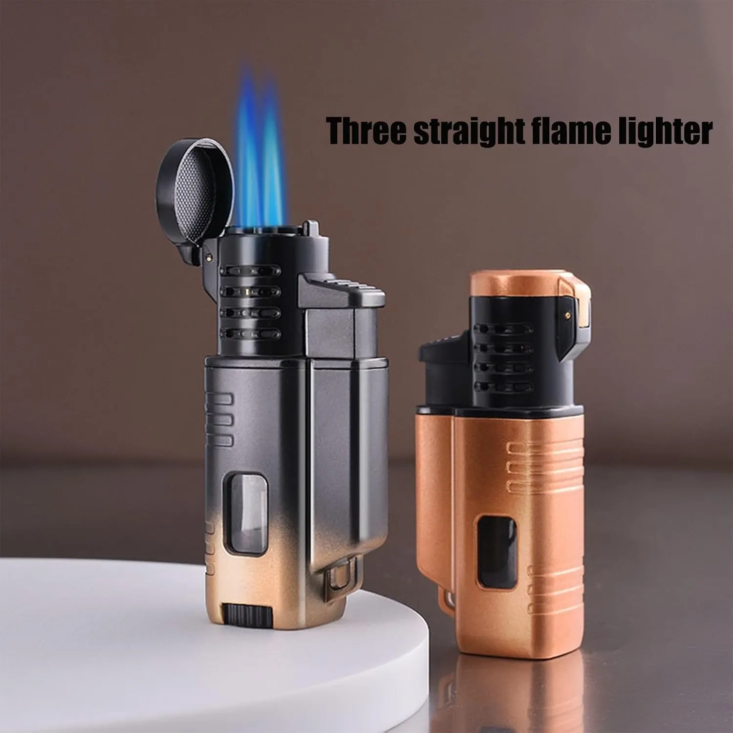 Three-flame direct-into-fire lighter, windproof portable lighter with visible gas tank and refillable butane, suitable for outdoor camping, kitchen and baking(9)