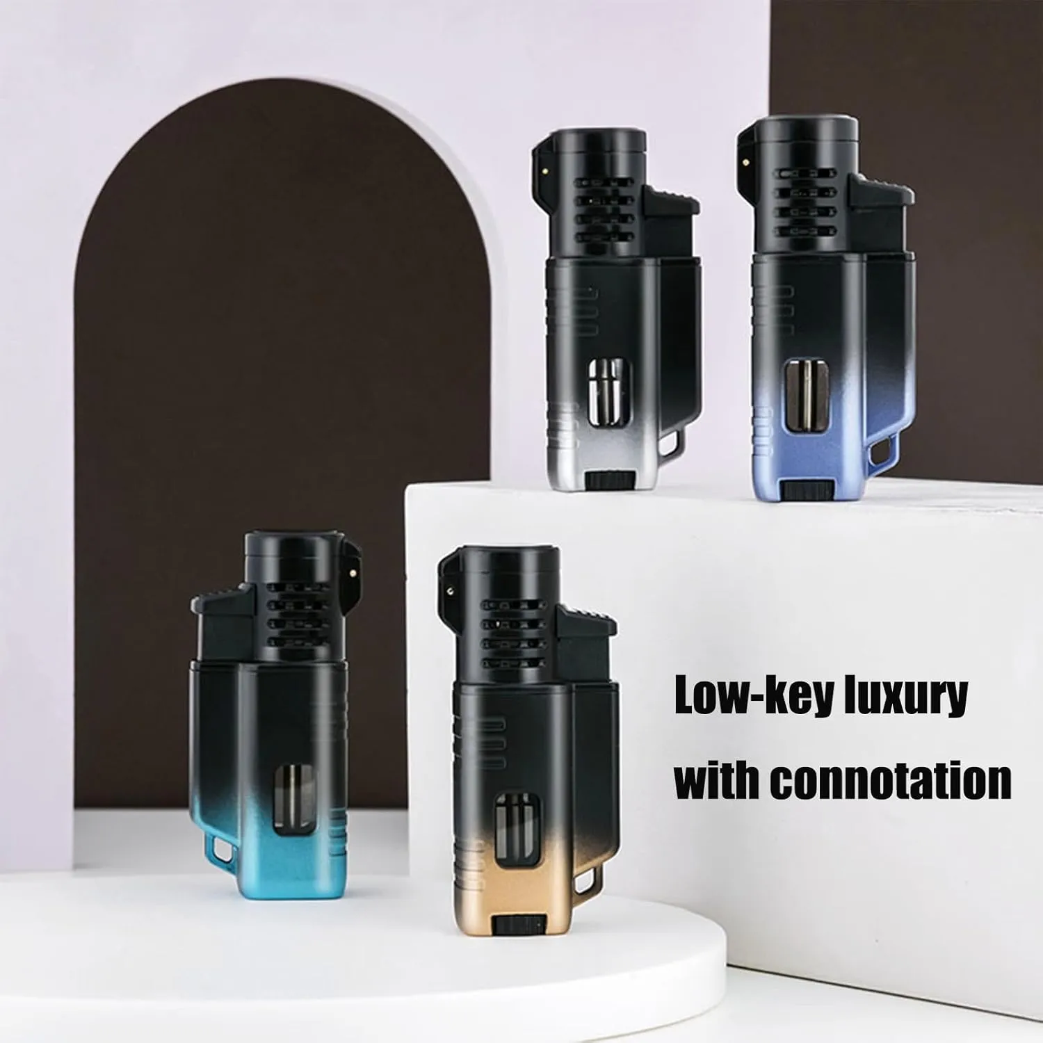 Three-flame direct-into-fire lighter, windproof portable lighter with visible gas tank and refillable butane, suitable for outdoor camping, kitchen and baking(9)
