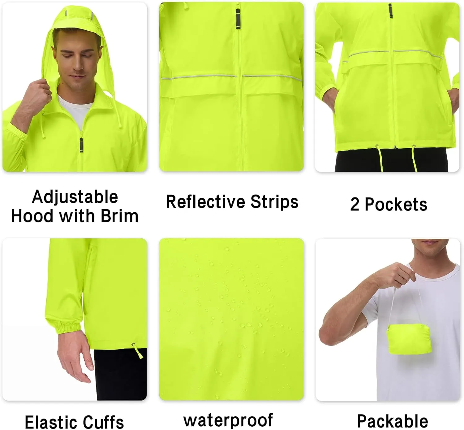 TIHEEN Men's Rain Jacket Cycling Running Jackets Waterproof Raincoat with Hood Windbreaker Hiking Jacket Rain Coat