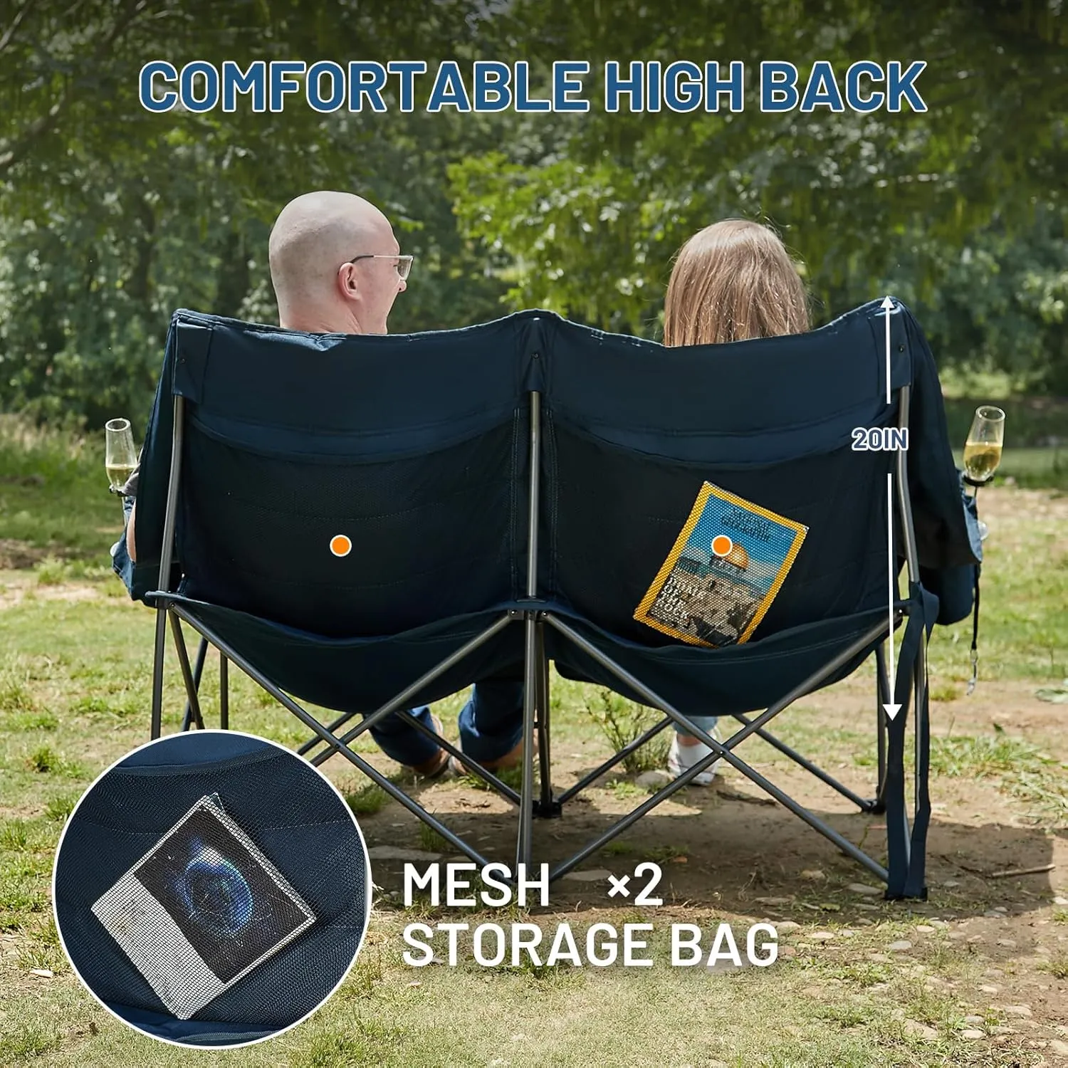 TIMBER RIDGE Double Camping Chair, Heavy Duty Outdoor Folding Camp Couch, Loveseat Camping Chairs Perfect for Campsites, Patio/Lawn, Soccer Games or Other Youth Sports, Supports 800 lbs Blue 2 Pack