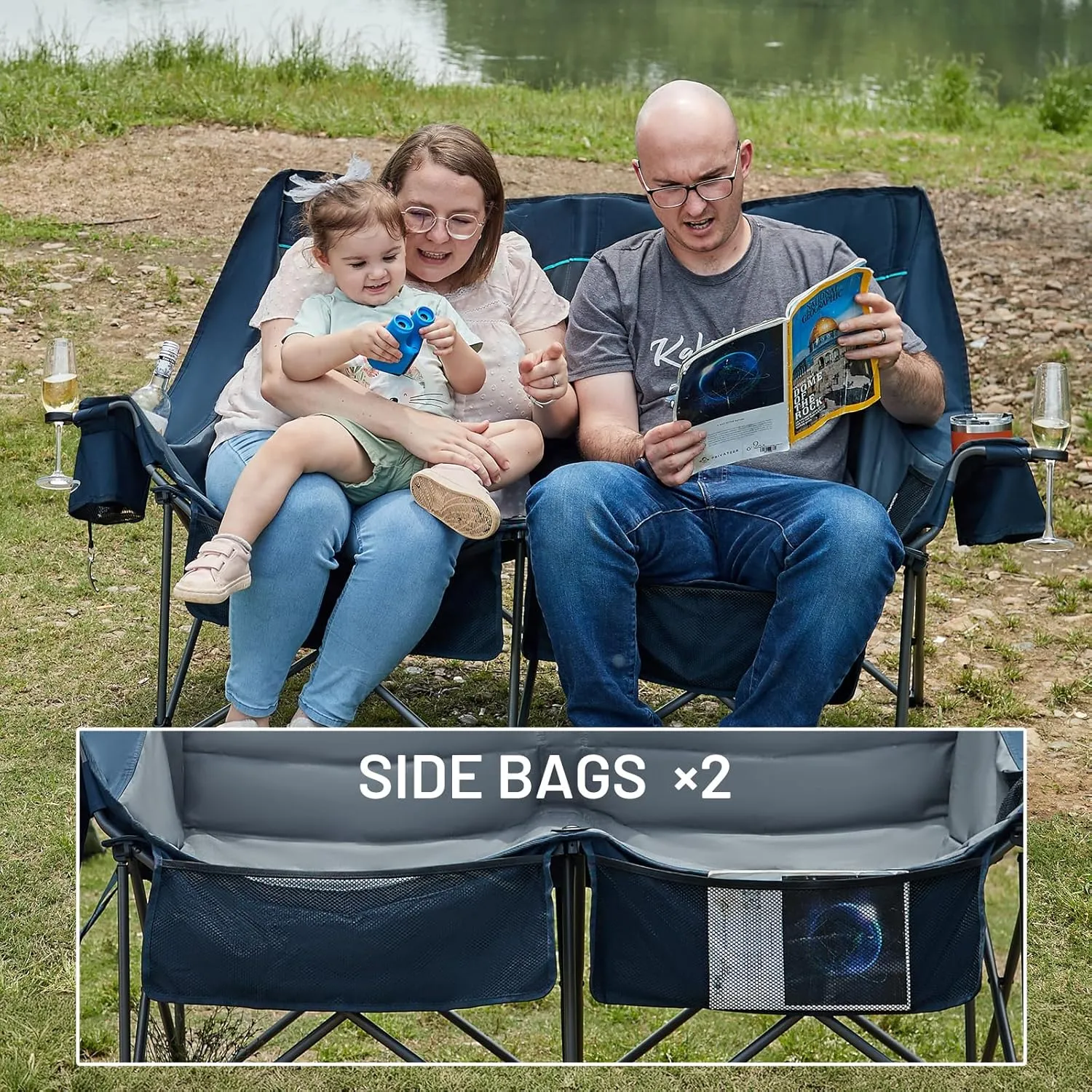 TIMBER RIDGE Double Camping Chair, Heavy Duty Outdoor Folding Camp Couch, Loveseat Camping Chairs Perfect for Campsites, Patio/Lawn, Soccer Games or Other Youth Sports, Supports 800 lbs Blue 2 Pack