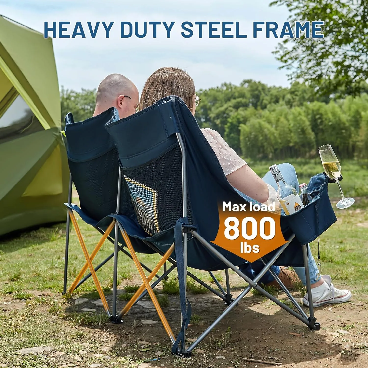 TIMBER RIDGE Double Camping Chair, Heavy Duty Outdoor Folding Camp Couch, Loveseat Camping Chairs Perfect for Campsites, Patio/Lawn, Soccer Games or Other Youth Sports, Supports 800 lbs Blue 2 Pack