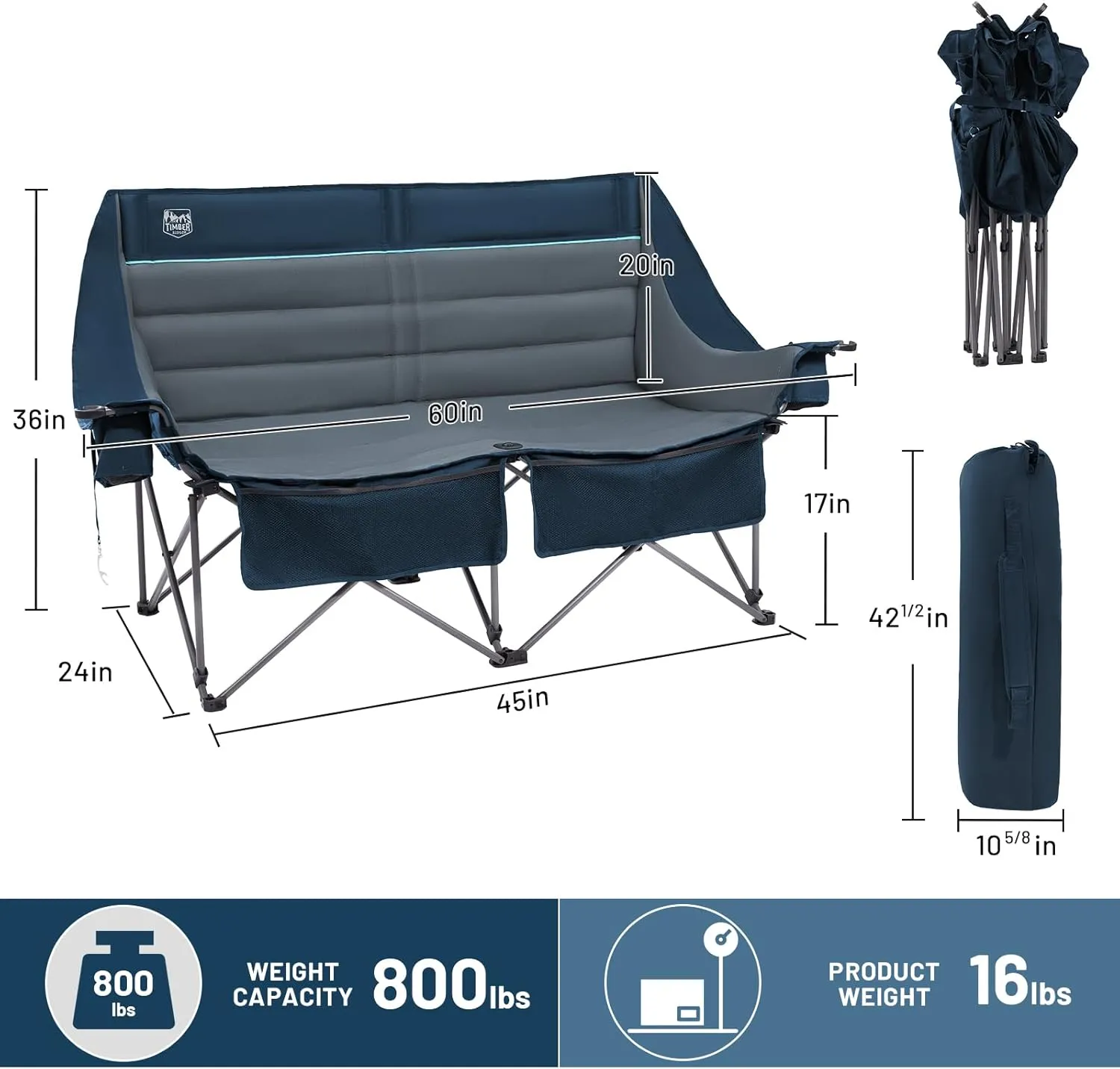 TIMBER RIDGE Double Camping Chair, Heavy Duty Outdoor Folding Camp Couch, Loveseat Camping Chairs Perfect for Campsites, Patio/Lawn, Soccer Games or Other Youth Sports, Supports 800 lbs Blue 2 Pack