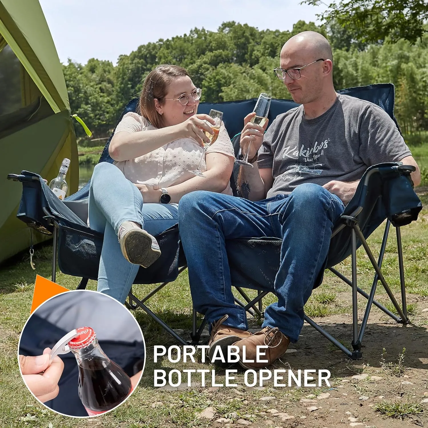 TIMBER RIDGE Double Camping Chair, Heavy Duty Outdoor Folding Camp Couch, Loveseat Camping Chairs Perfect for Campsites, Patio/Lawn, Soccer Games or Other Youth Sports, Supports 800 lbs Blue 2 Pack