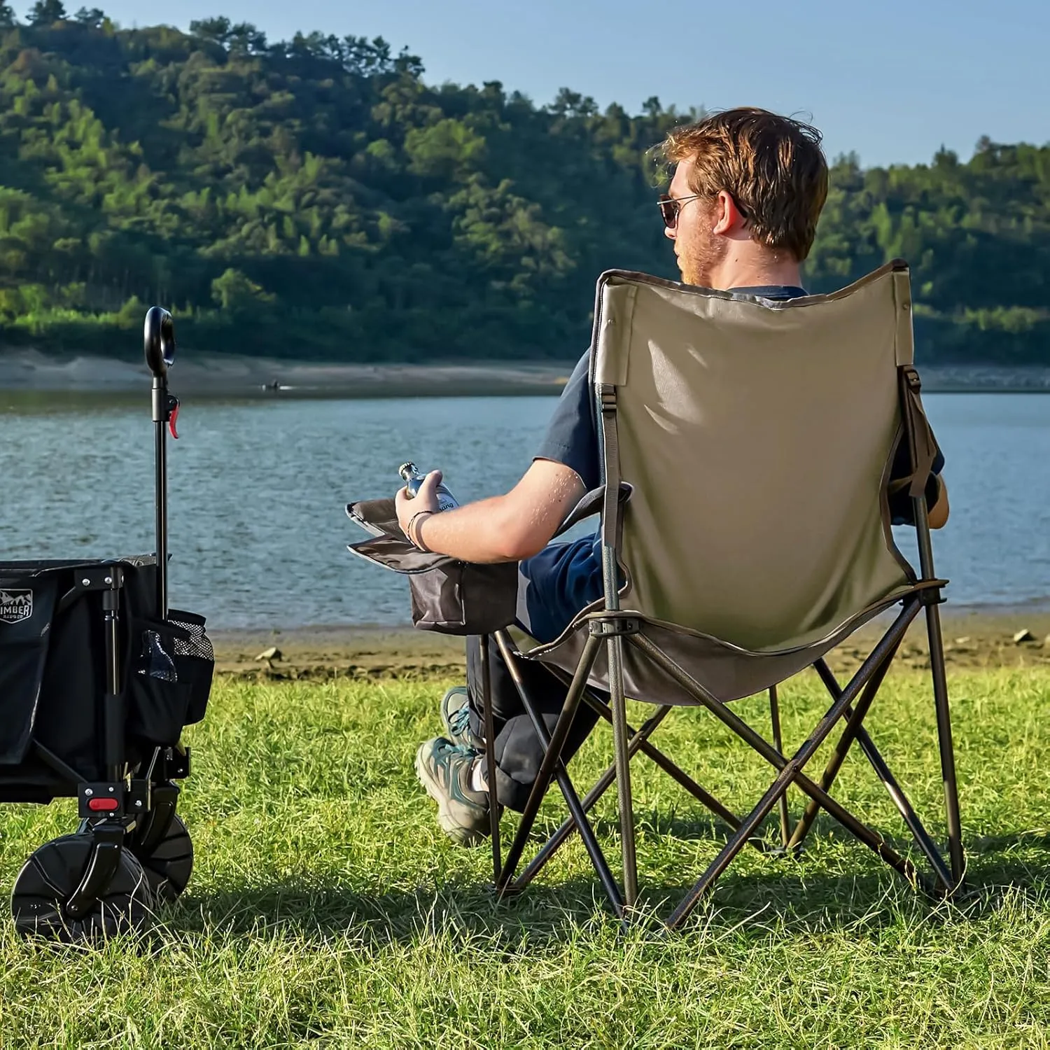 TIMBER RIDGE Oversized Folding Camping Chair for Adults, Support 550 LBS Heavy Duty with Cup Holder Side Pocket for Camp, Lawn, Picnic, Tan, 2 Pack