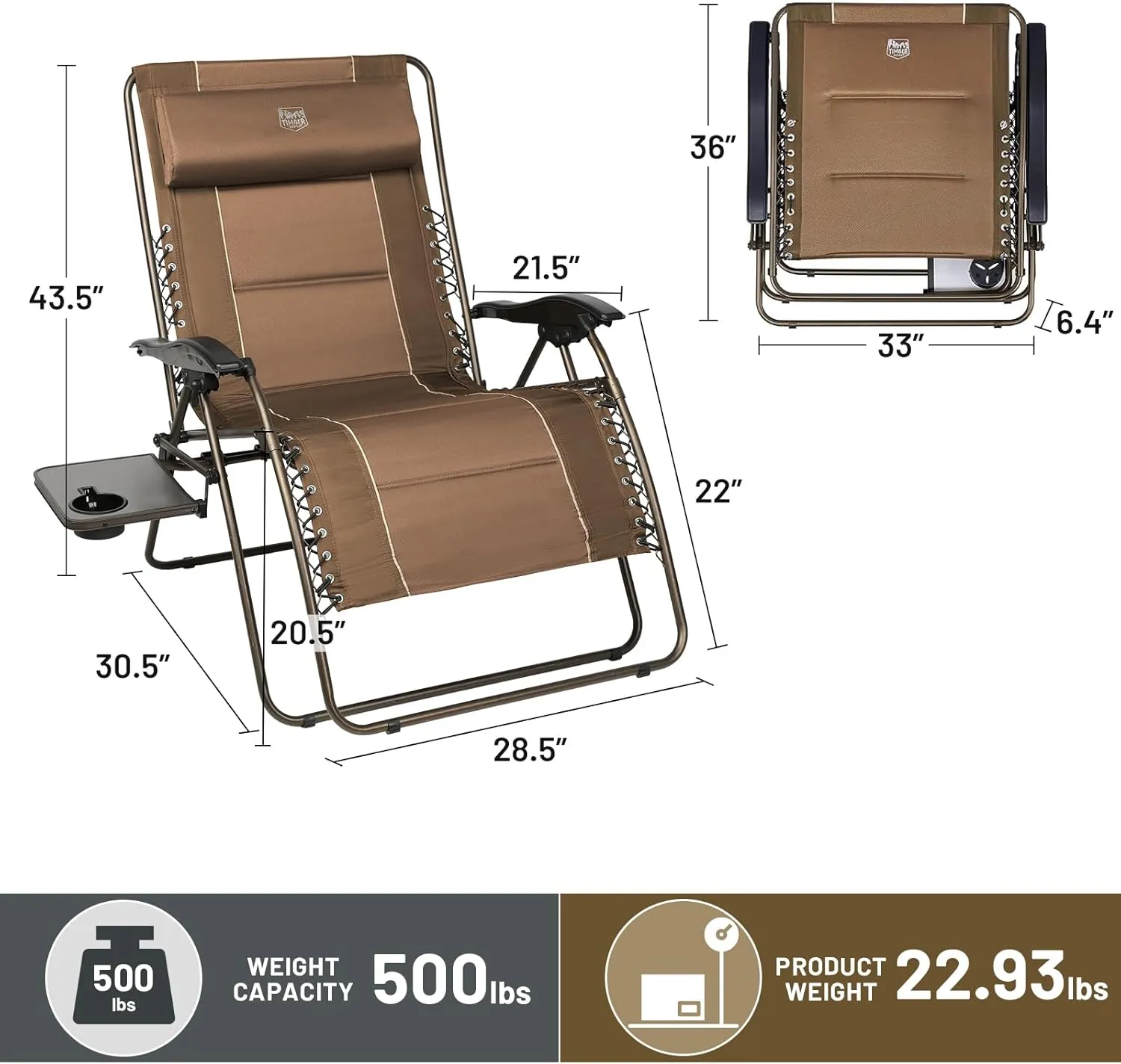 TIMBER RIDGE Oversized Zero Gravity Chair, 33In Wide XXL Zero Gravity Reclining Chair with Side Table, Full Padded Lounge Chair for Outdoor Camping Patio Lawn, Heavy Duty Supports 500lbs, Brown-2 Pack