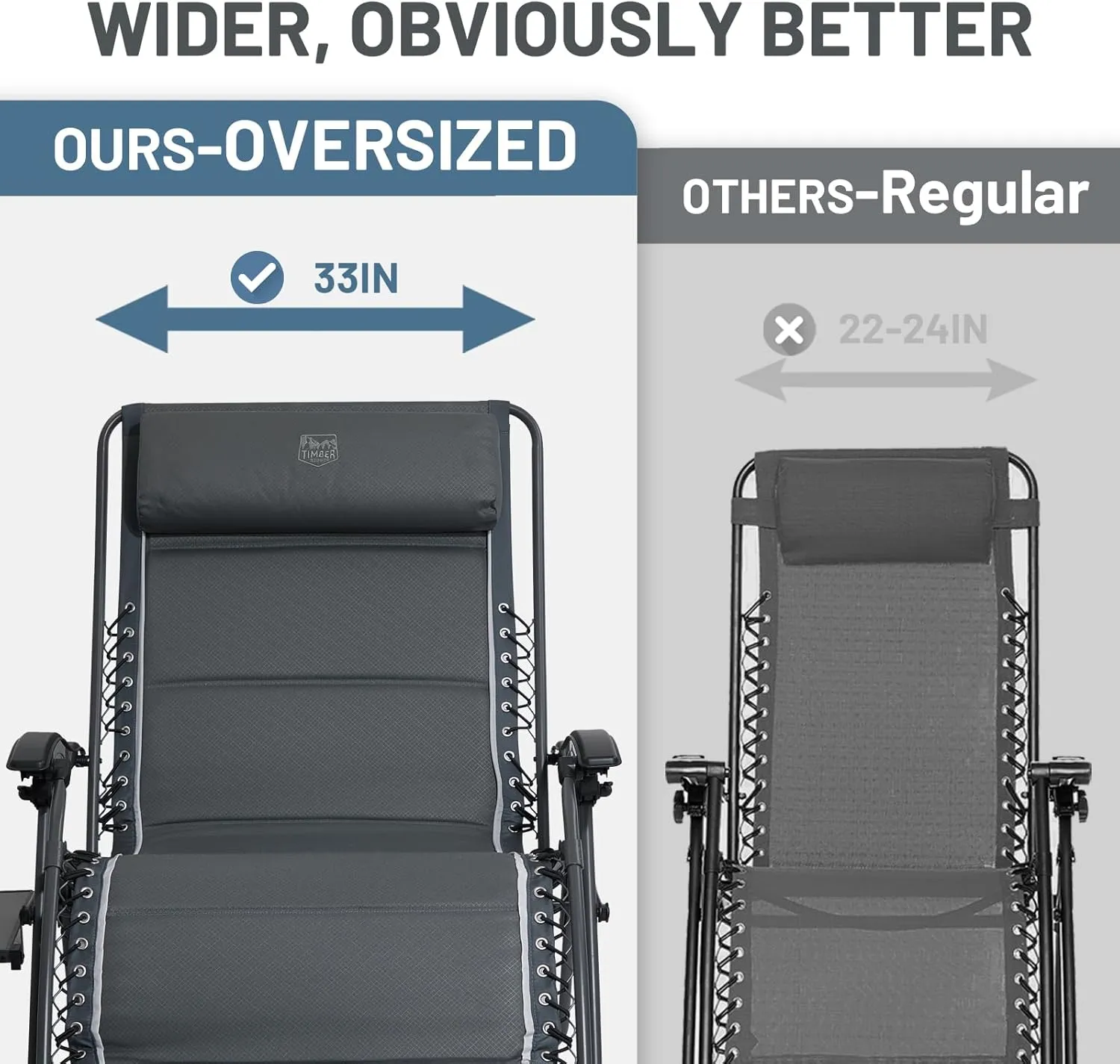 TIMBER RIDGE Oversized Zero Gravity Chair, 33In Wide XXL Zero Gravity Reclining Chair with Side Table, Full Padded Lounge Chair for Outdoor Camping Patio Lawn, Heavy Duty Supports 500lbs, Grey-1 Pack