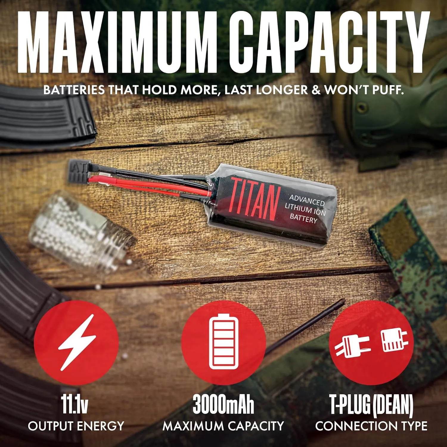 Titan Lithium-Ion Airsoft Battery | 3000mAh 7.4v Brick T-Plug | Maximum Capacity & Performance 11.1 Volt Airsoft Gun Battery