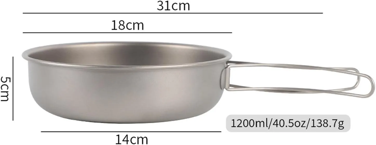 Titanium Frying Pan Cookware Lightweight Multifunctional with Folding Handle Camping Pan for Travel Backpacking Picnic Hiking, 1200ML