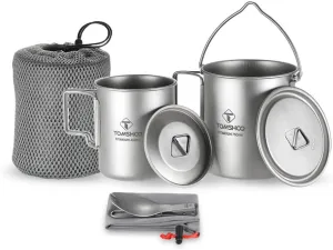 titnaium Pot, Lightweight Titanium 3 Pieces Set Titanium 750ml Pot 450ml Water Cup Mug with Lid Collapsible Handle Folding Spork for Outdoor Camping Hiking Backpacking