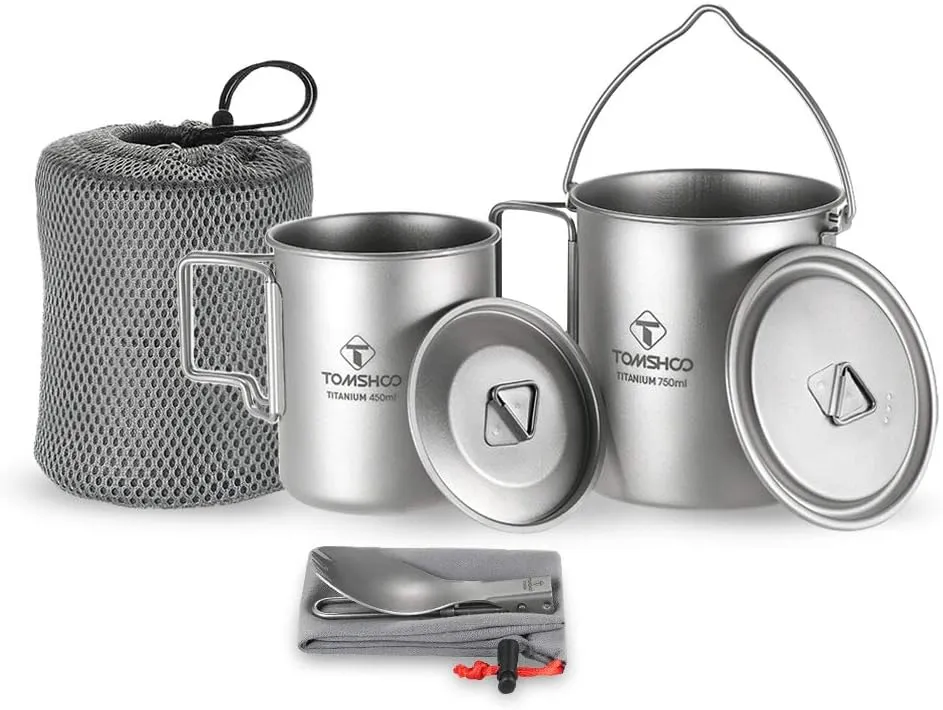 titnaium Pot, Lightweight Titanium 3 Pieces Set Titanium 750ml Pot 450ml Water Cup Mug with Lid Collapsible Handle Folding Spork for Outdoor Camping Hiking Backpacking