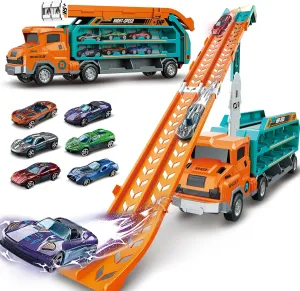 Toddler Car Truck Toys,Car Carrier Truck Toy for Kids Age 3-5 4-8,Foldable Car Track Sets with 2.8-Ft Race Track and 6 Die-Cast Race Cars, Truck Toys Gifts for 3 4 5 6 7 8  Year Old Boys Girls(orange)