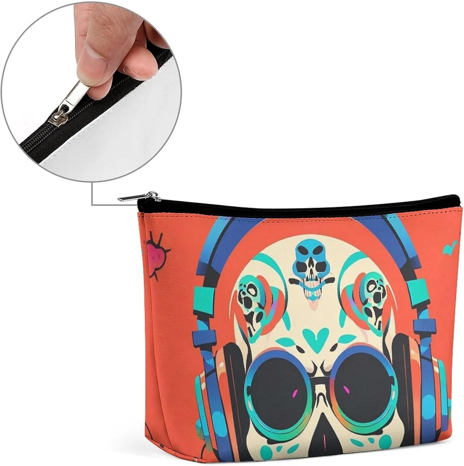 Toiletry Bag for Women Punk Rock Earphones Skull Cosmetic Bag Portable Capacity Travel Makeup Bags with Zipper Lightweight Cute Beauty Makeup Organizer for Traveling, Accessories, Essentials