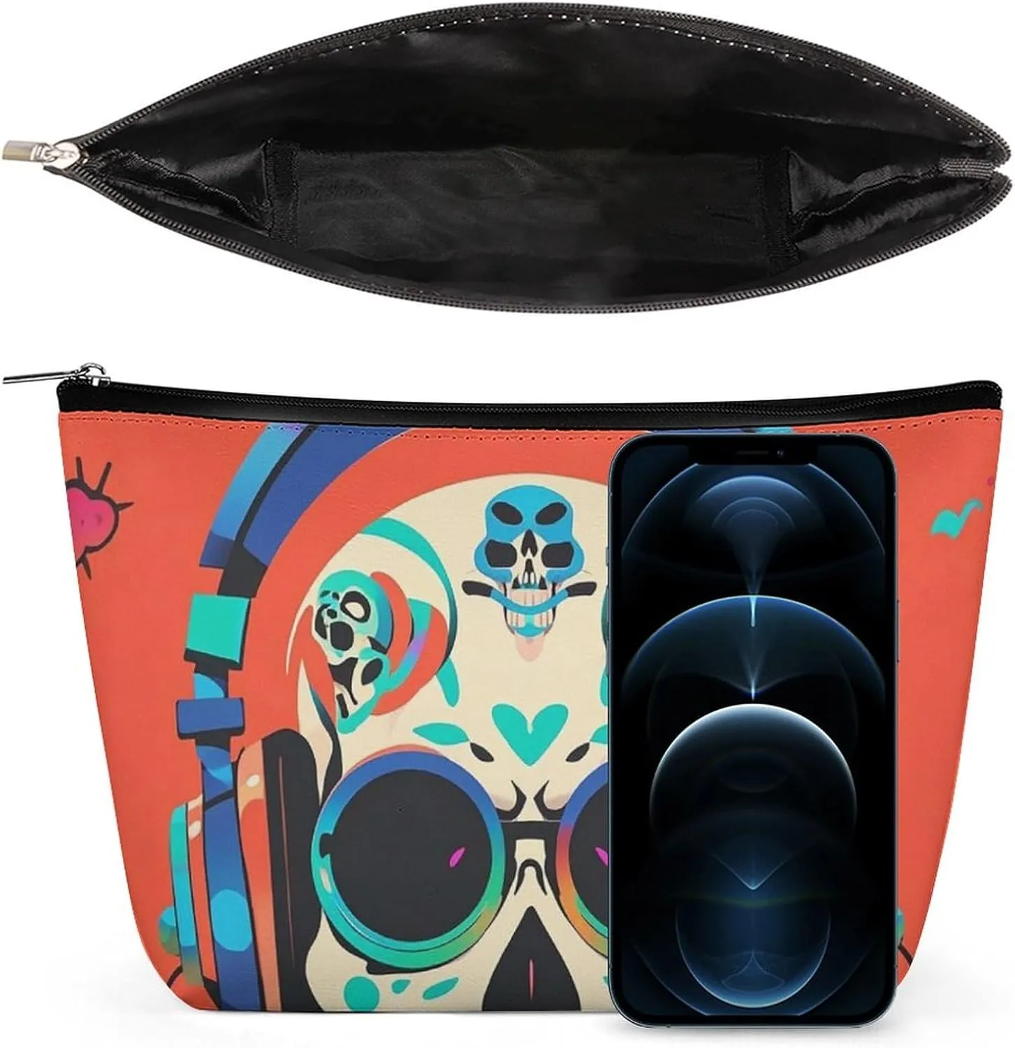 Toiletry Bag for Women Punk Rock Earphones Skull Cosmetic Bag Portable Capacity Travel Makeup Bags with Zipper Lightweight Cute Beauty Makeup Organizer for Traveling, Accessories, Essentials