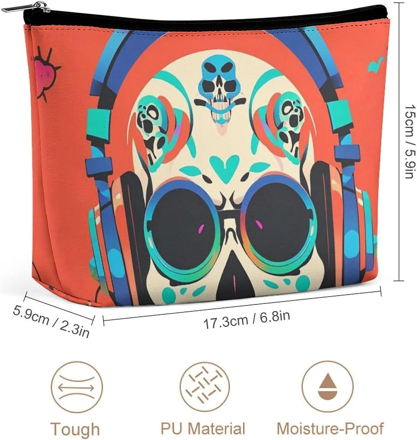Toiletry Bag for Women Punk Rock Earphones Skull Cosmetic Bag Portable Capacity Travel Makeup Bags with Zipper Lightweight Cute Beauty Makeup Organizer for Traveling, Accessories, Essentials