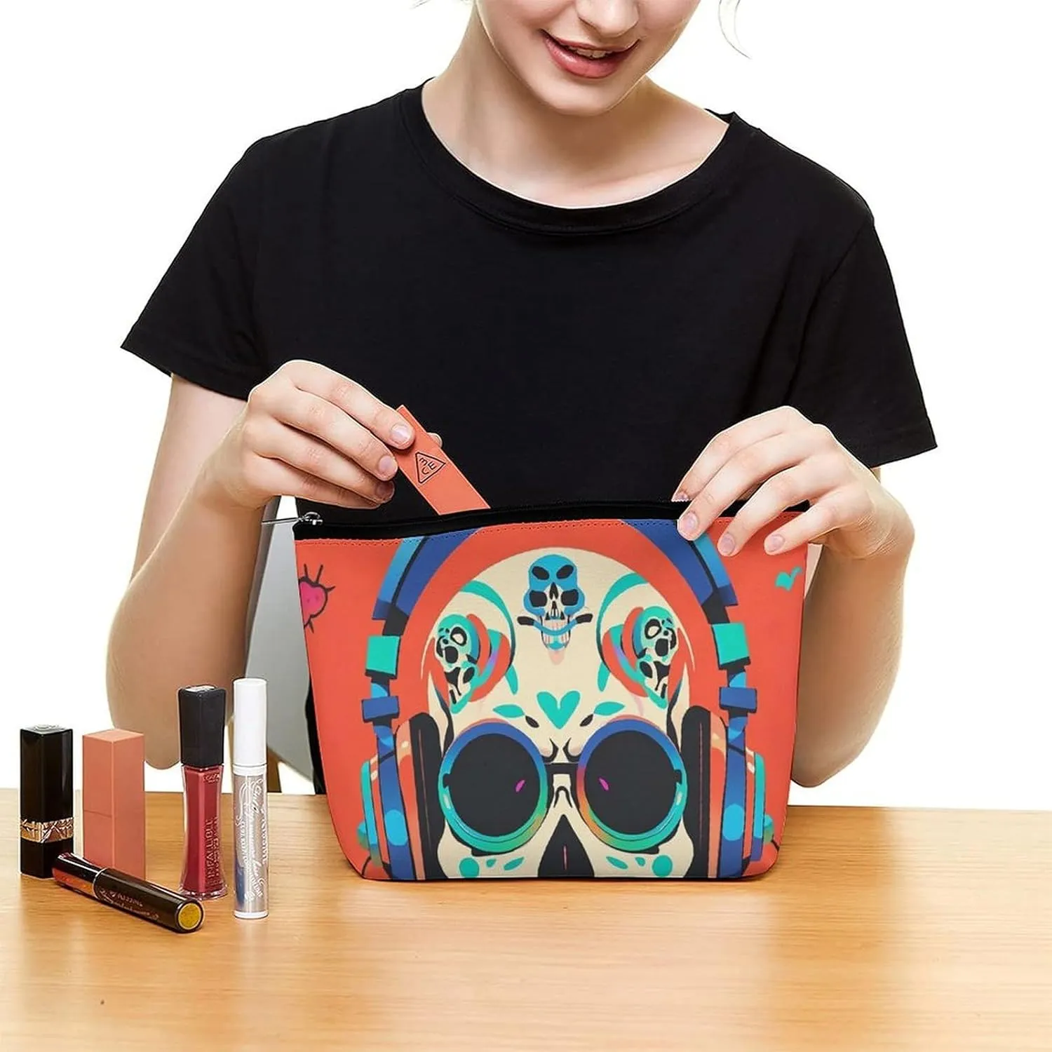 Toiletry Bag for Women Punk Rock Earphones Skull Cosmetic Bag Portable Capacity Travel Makeup Bags with Zipper Lightweight Cute Beauty Makeup Organizer for Traveling, Accessories, Essentials