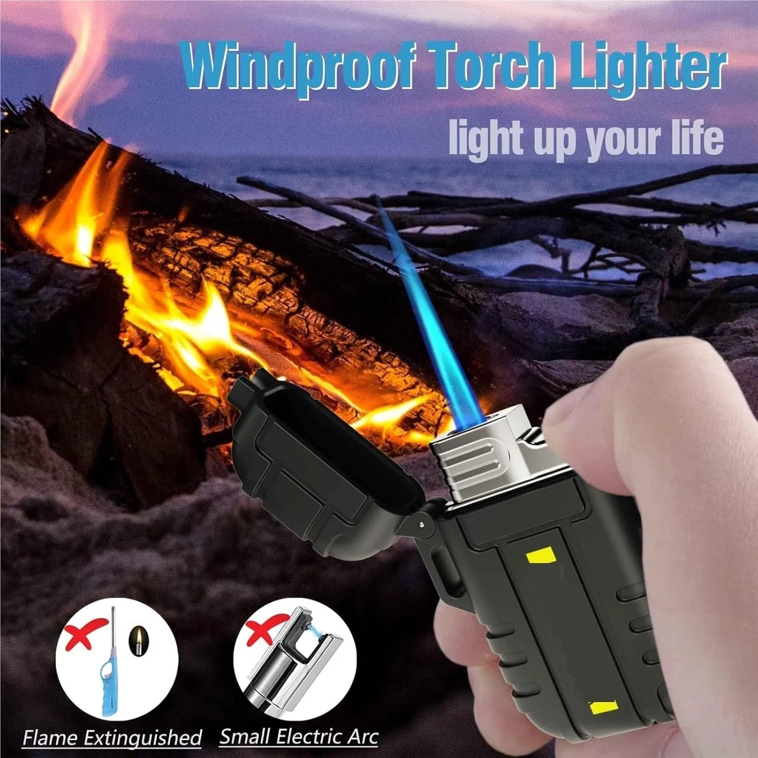 Torch Lighter, Refillable Butane Lighter, Windproof and Waterproof, with Safety Lock,Adjustable Jet Flame, Suitable for Fireplace, Barbecue, Camping, Etc. (Butane Not Included)(Black)