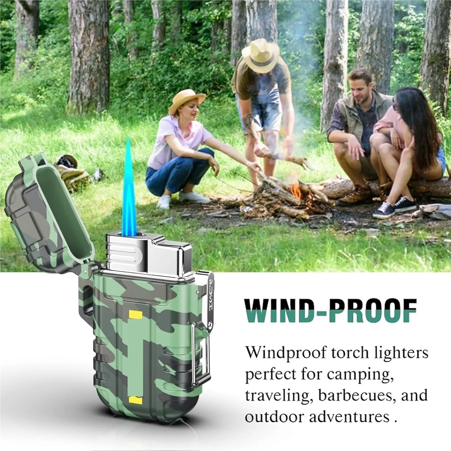 Torch Lighter, Refillable Butane Lighter, Windproof and Waterproof, with Safety Lock,Adjustable Jet Flame, Suitable for Fireplace, Barbecue, Camping, Etc. (Butane Not Included)(Black)