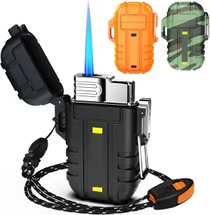 Torch Lighter, Refillable Butane Lighter, Windproof and Waterproof, with Safety Lock,Adjustable Jet Flame, Suitable for Fireplace, Barbecue, Camping, Etc. (Butane Not Included)(Black)