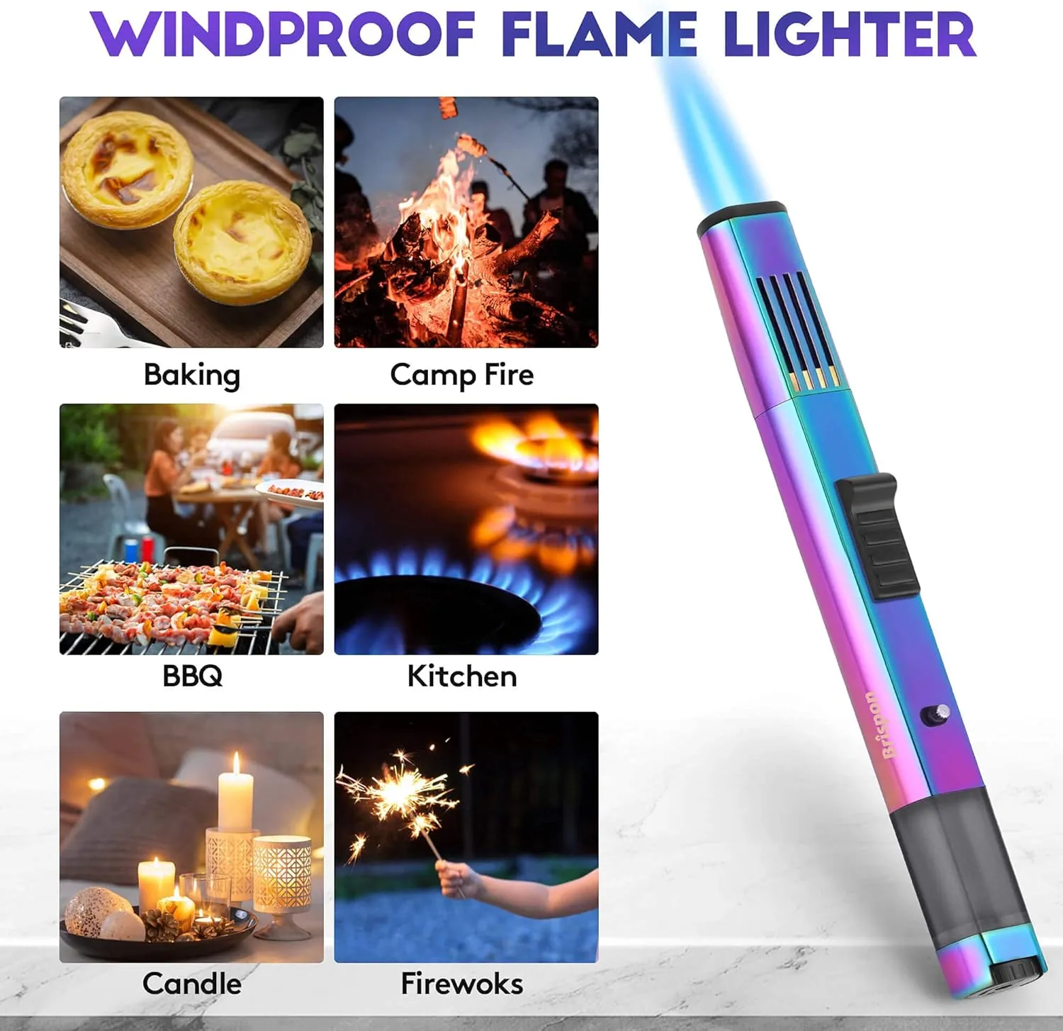 Torch Lighter, Refillable Butane Lighter Windproof Jet Flame Lighter with Fire Lock Bracket Visible Gas Window for Grill BBQ Candle Cooking Camping (Butane NOT Included) (Rainbow)