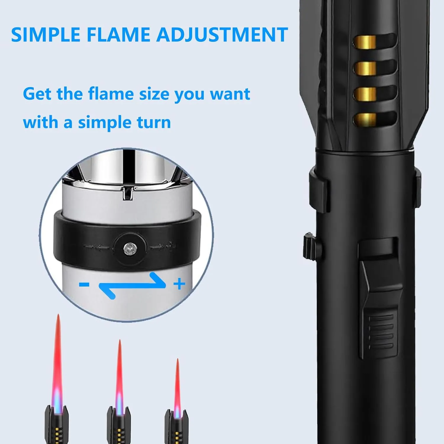 Torch Lighter, Refillable Butane Windproof Jet Flame Super Large Torch Lighter, Straight Bright Fire Adjustable Red/Blue Cool Flame & Safety Lock for Camping, BBQ, Baking, Outdoor, Gifts