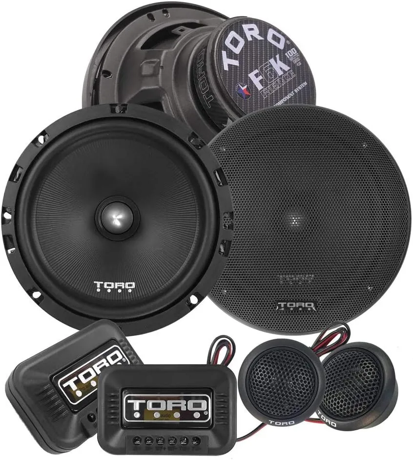 TORO TECH – F6K, 6.5 Inch Component Car Speaker Set - 200 Watt MAX / 100 Watts RMS, 13mm Ferro Fluid Tweeters, 4 Ohm, 1” KSV Voice Coils. Two Speakers, 2 Tweeters, 2 Crossovers, 2 Grills(Sold As Pair)