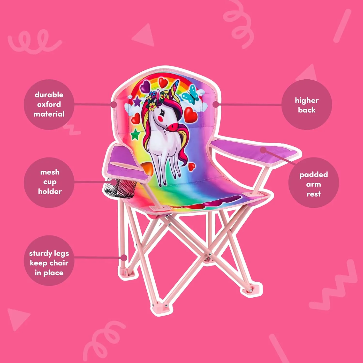 Toy To Enjoy Outdoor Unicorn Kids Camping Chair - Foldable Children’s Chair for Camping, Tailgates, Beach, Fishing, – Portable Carrying Bag Included Mesh Cup Holder & Sturdy Construction. Ages 2 to 5