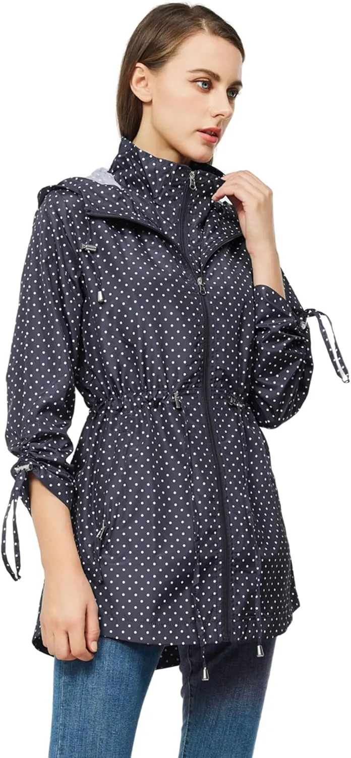 TRATENBY Rain-Jacket Women-Waterproof Lightweight-Packable Hood-Raincoat — Travel Windbreaker Coat in A Pouch Polka Dot