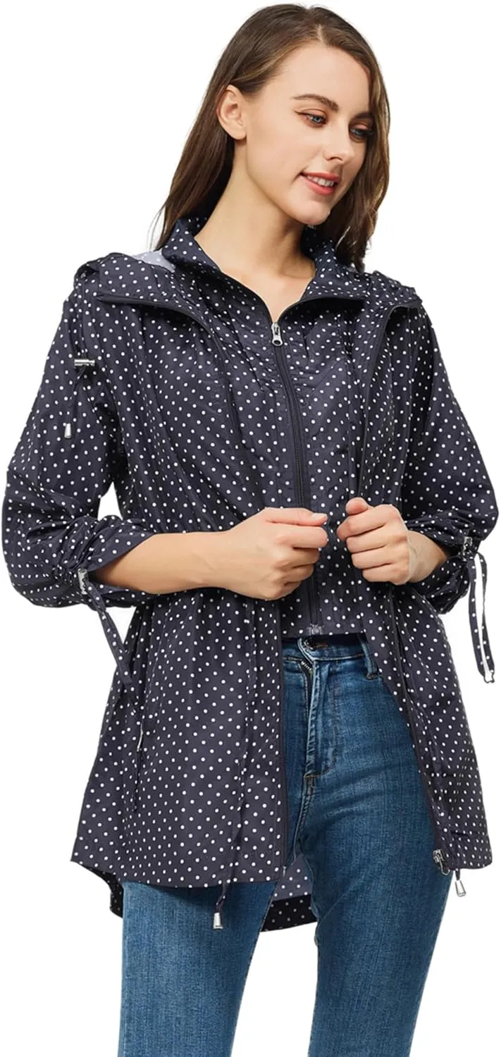TRATENBY Rain-Jacket Women-Waterproof Lightweight-Packable Hood-Raincoat — Travel Windbreaker Coat in A Pouch Polka Dot