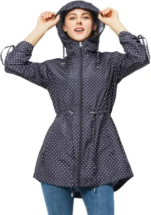 TRATENBY Rain-Jacket Women-Waterproof Lightweight-Packable Hood-Raincoat — Travel Windbreaker Coat in A Pouch Polka Dot