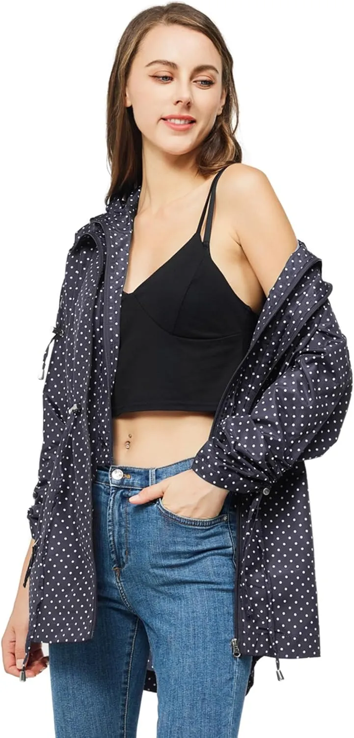 TRATENBY Rain-Jacket Women-Waterproof Lightweight-Packable Hood-Raincoat — Travel Windbreaker Coat in A Pouch Polka Dot
