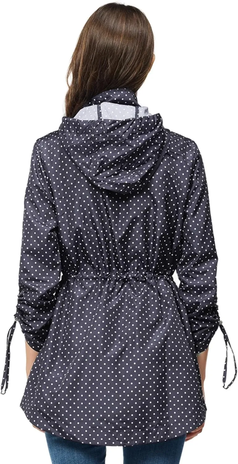 TRATENBY Rain-Jacket Women-Waterproof Lightweight-Packable Hood-Raincoat — Travel Windbreaker Coat in A Pouch Polka Dot