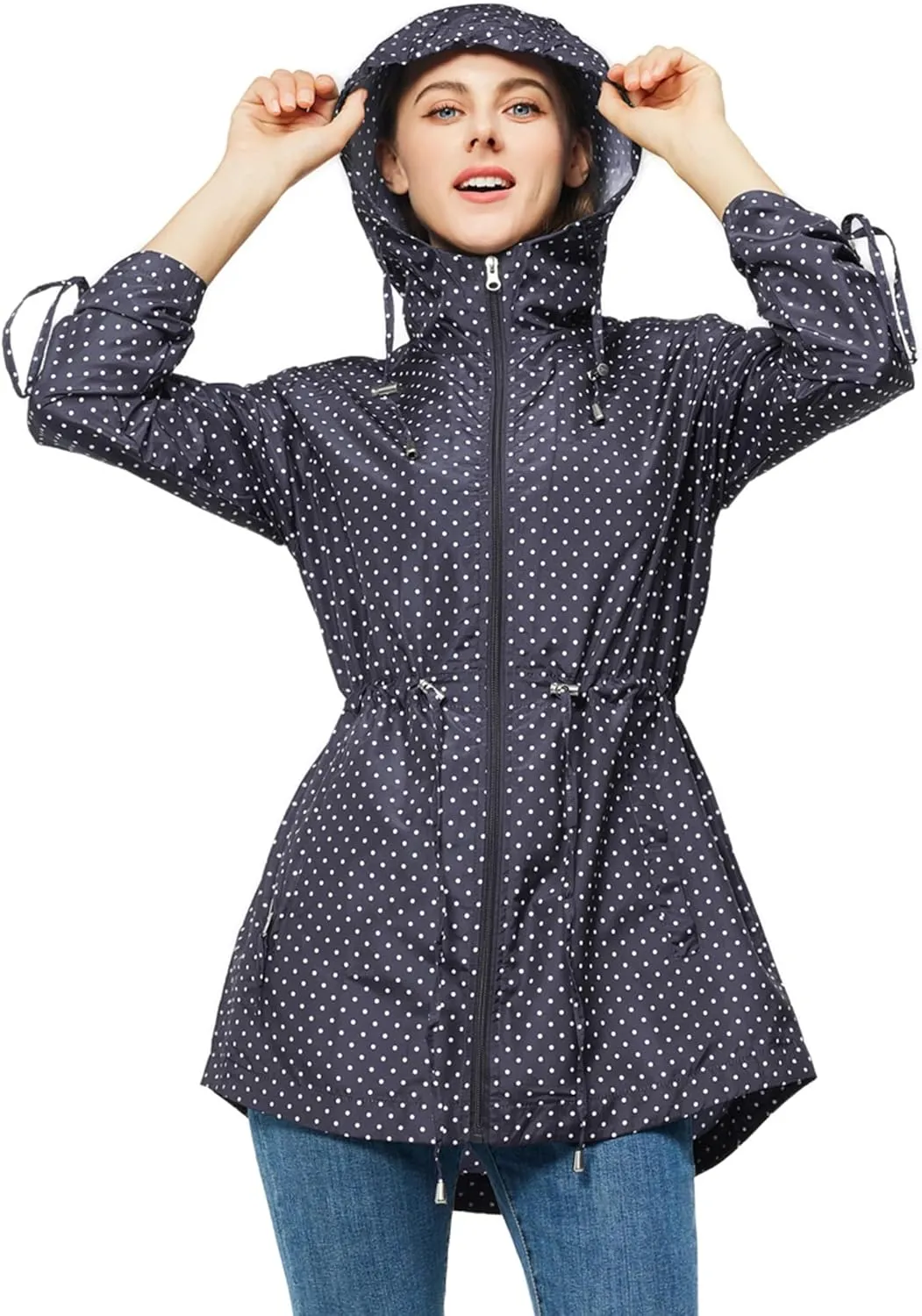 TRATENBY Rain-Jacket Women-Waterproof Lightweight-Packable Hood-Raincoat — Travel Windbreaker Coat in A Pouch Polka Dot