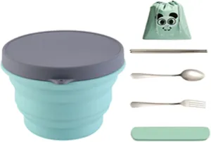 Travel Collapsible Silicone Bowl Portable Camping Folding Multipurpose Bowls TET with Lid and Fork for Hiking Kitchen Compatible with Freezer and Microwave(Size:1000ml-set,Color:Green)
