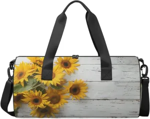 Travel Duffel Bag Flower Sunflower Wood Sports Gym Bag for Womens Mens, Waterproof Weekend Overnight Bag Lightweight Carry on Bag for Airplanes Yoga Dance Beach Swim Hospital Holdalls,A-2191
