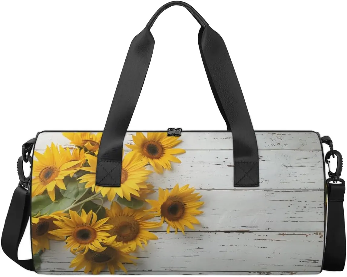 Travel Duffel Bag Flower Sunflower Wood Sports Gym Bag for Womens Mens, Waterproof Weekend Overnight Bag Lightweight Carry on Bag for Airplanes Yoga Dance Beach Swim Hospital Holdalls,A-2191