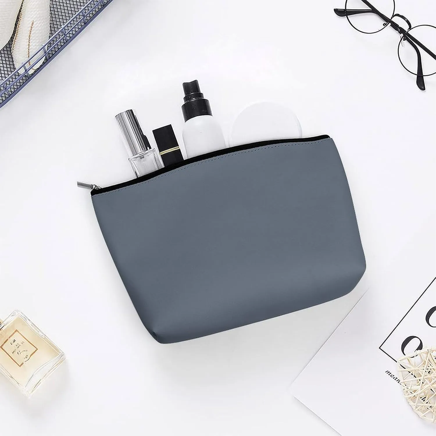 Travel Makeup Bag, Solid Plain Blue Gray Cosmetic Bags for Women Large Capacity Waterproof Toiletry Pouch Make up Organizer