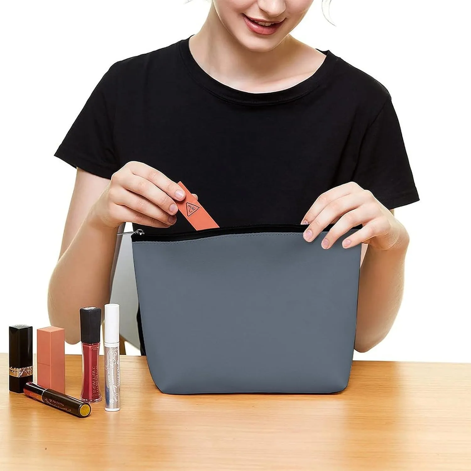 Travel Makeup Bag, Solid Plain Blue Gray Cosmetic Bags for Women Large Capacity Waterproof Toiletry Pouch Make up Organizer
