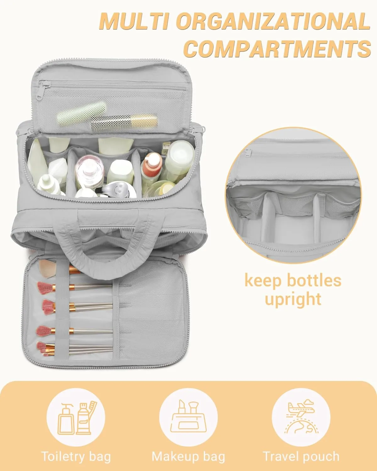 Travel Toiletry Bag, Makeup Bag Puffy Wide-open Quilted Bag for Women, Lightweight Cosmetic Bag Organizer with Handle for Traveling, Accessories, Essentials Toiletries Grey