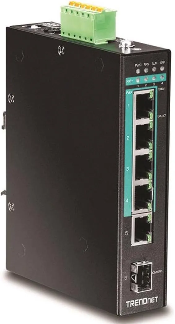 TRENDnet 5-Port Hardened Industrial Gigabit PoE  DIN-Rail Switch, 120W Power Budget, 1 x SFP Slot, IP30 Rated, Unmanaged Switch, Gigabit PoE  Network Switch, Lifetime Protection, Black, TI-PG541