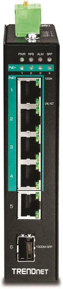 TRENDnet 5-Port Hardened Industrial Gigabit PoE  DIN-Rail Switch, 120W Power Budget, 1 x SFP Slot, IP30 Rated, Unmanaged Switch, Gigabit PoE  Network Switch, Lifetime Protection, Black, TI-PG541