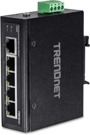 TRENDnet 5-Port Industrial Unmanaged Fast Ethernet DIN-Rail Switch, TI-E50, IP30, Ethernet Splitter, 1Gbps, NDAA & TAA Compliant, Lifetime Protection, Black