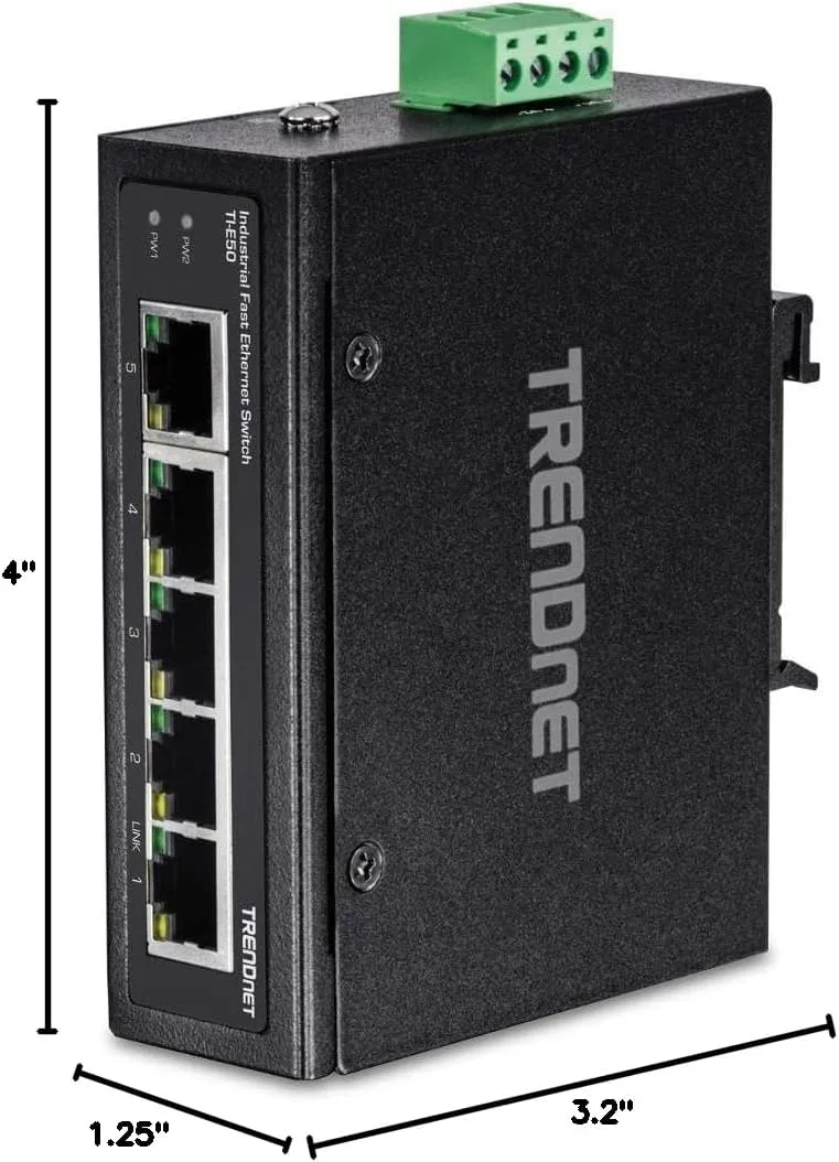 TRENDnet 5-Port Industrial Unmanaged Fast Ethernet DIN-Rail Switch, TI-E50, IP30, Ethernet Splitter, 1Gbps, NDAA & TAA Compliant, Lifetime Protection, Black