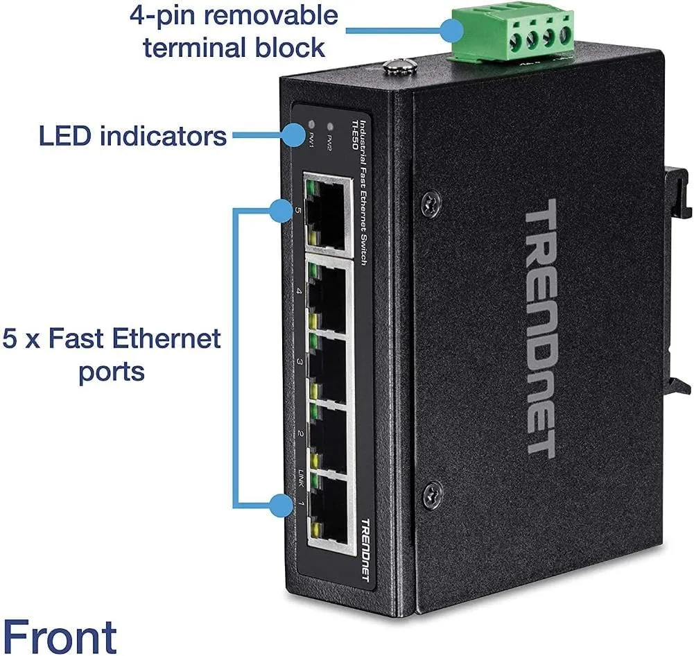 TRENDnet 5-Port Industrial Unmanaged Fast Ethernet DIN-Rail Switch, TI-E50, IP30, Ethernet Splitter, 1Gbps, NDAA & TAA Compliant, Lifetime Protection, Black