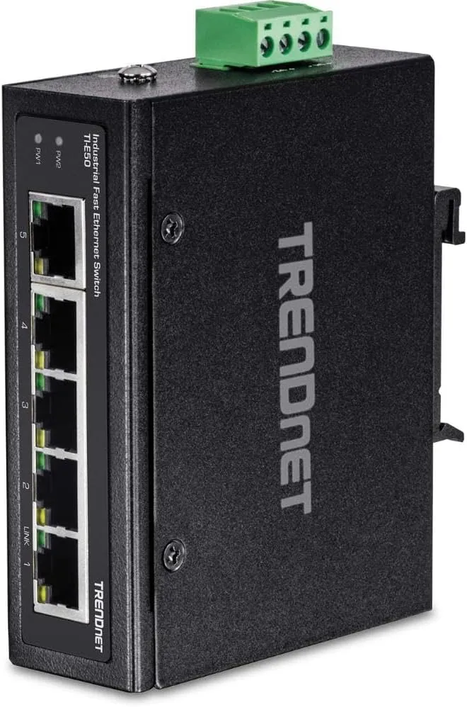 TRENDnet 5-Port Industrial Unmanaged Fast Ethernet DIN-Rail Switch, TI-E50, IP30, Ethernet Splitter, 1Gbps, NDAA & TAA Compliant, Lifetime Protection, Black