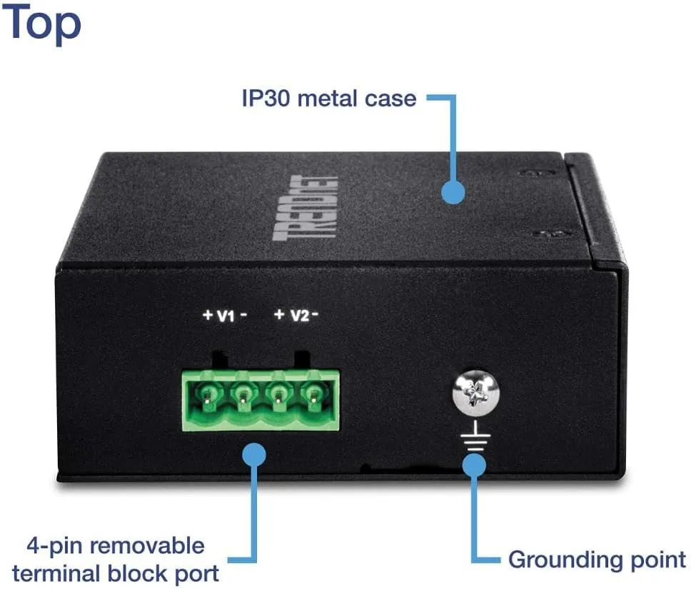 TRENDnet 5-Port Industrial Unmanaged Fast Ethernet DIN-Rail Switch, TI-E50, IP30, Ethernet Splitter, 1Gbps, NDAA & TAA Compliant, Lifetime Protection, Black