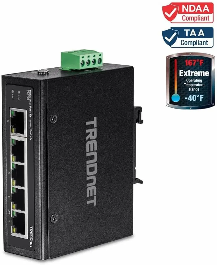 TRENDnet 5-Port Industrial Unmanaged Fast Ethernet DIN-Rail Switch, TI-E50, IP30, Ethernet Splitter, 1Gbps, NDAA & TAA Compliant, Lifetime Protection, Black