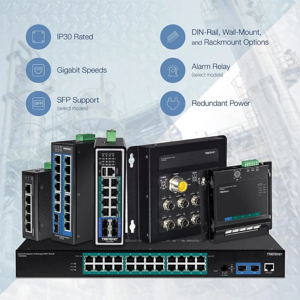 TRENDnet 5-Port Industrial Unmanaged Fast Ethernet DIN-Rail Switch, TI-E50, IP30, Ethernet Splitter, 1Gbps, NDAA & TAA Compliant, Lifetime Protection, Black