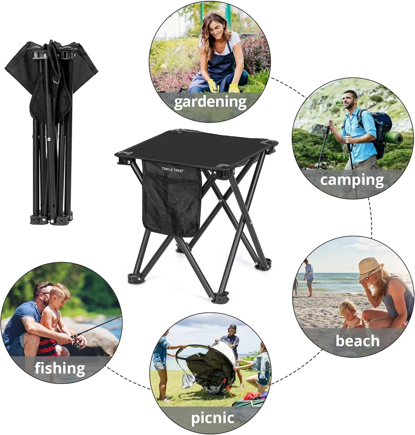 Triple Tree 2 Pack Folding Camping Stool, 13.8 Inch Small Portable Lightweight Stool Seat with Side Pocket and Carry Bag for Travel, Hiking, BBQ, Fishing and Beach, Load Capacity to 400lbs